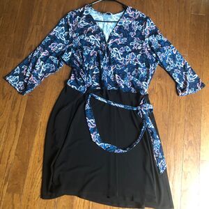Leota Blue Floral  Print / Black Belted Stretch Wrap Dress Plus‎ Size 22 /3L